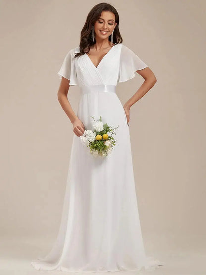 Empire Evening Dresses Cross V-Neck Tulle Short Sleeve Sashes Wedding Dress Sexy Backless Women's Formal Party Gowns