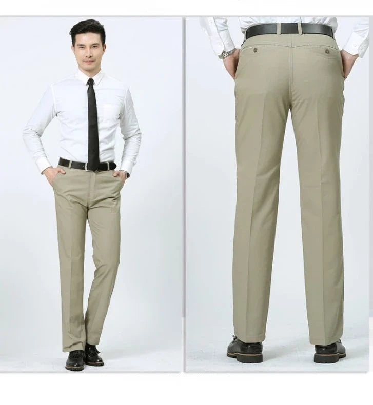 Summer Thin 100% Cotton Pants Mens Autumn Thick Suit Pant Slacks High Waist Straight Loose Bland Solid Business Casual Pants
