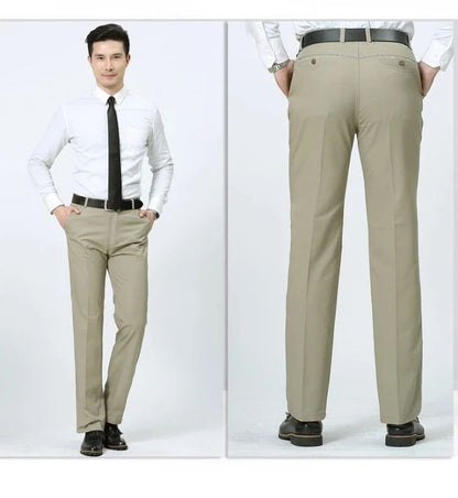 Summer Thin 100% Cotton Pants Mens Autumn Thick Suit Pant Slacks High Waist Straight Loose Bland Solid Business Casual Pants