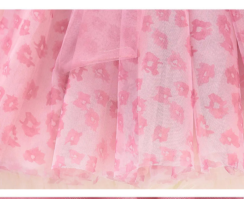 2026 New Girls' Summer Dress 2-8Y Sweet Girls Floral Puff Short Sleeve Princess Dress Kid's Clothes Children's Mesh Dress