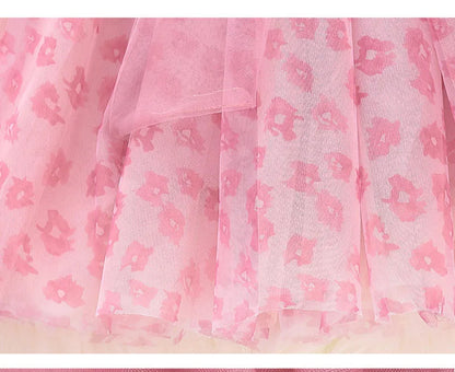 2026 New Girls' Summer Dress 2-8Y Sweet Girls Floral Puff Short Sleeve Princess Dress Kid's Clothes Children's Mesh Dress