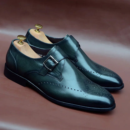 Elegant Men's Monk Strap Dress Shoes Genuine Leather Single Buckle Green Black Loafer Brogue for Party Wedding Formal Occasions