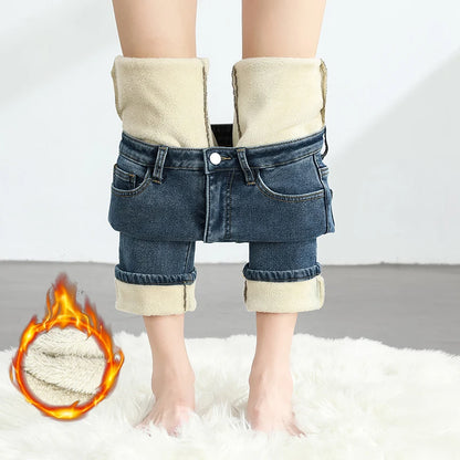 Calças Jeans Femininas de Inverno Quentes de Lã Retrô Elásticas Grossas Confortáveis Retas Modernas Coreanas Casuais de Veludo Denim