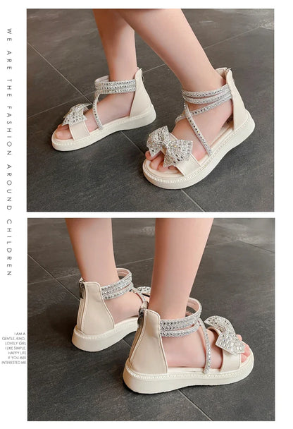 Girls' Shiny Cool Rhinestone Bowknot Children's Sandals 2023 Summer Open-toe Versatile Kids Fashion Back Zipper Casual Shoes New
