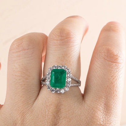 Luxury  sterling silver ring for charm lady with green emerald gemstones wedding fine Jewelry gift size 6-10