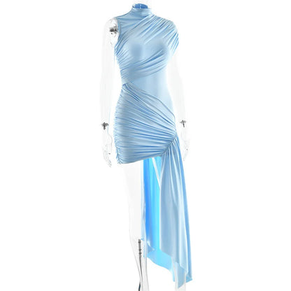 Summer Draped Ruched Sexy Mini Dress Women 2025 New Irregular High Waist Slim Fit Dress Female Elegant Club Tank Dress