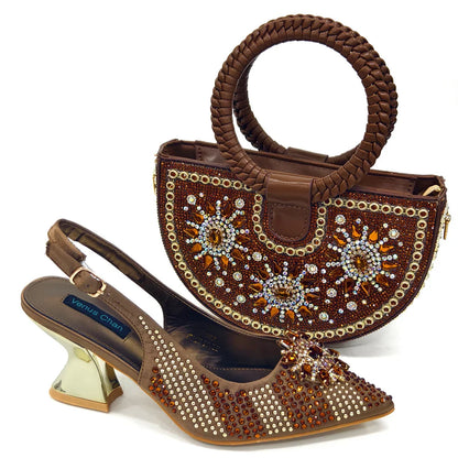 Specials Italian Women Heels Shoes and Bag Set Royal Purple Color Comfortable With Rhinestone for Party