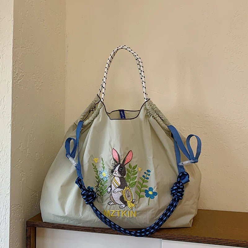 New Japanese-Style Embroidered Shopping Bag Rabbit Flower Women's Shoulder Bag Large Capacity Tote Bag Lightweight Foldable Storage Suitable for Commuting Travel Leisure Holiday Party Ethnic Style