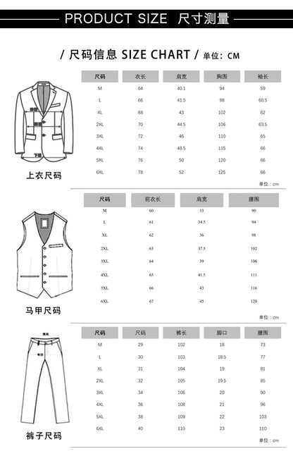 2026 New Suit (Blazer+ Vest + Pants) Men's Gentleman Fashion Slim Work Solid Color Plus Size Fair Dress Wedding Best Man Suit