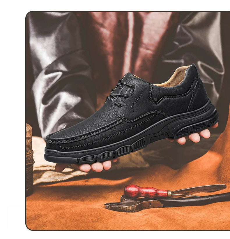 Men's Handmade Thick Rubber Bottom Breathable Casual Leather Shoes Classic Sewn Loafers Comfortable Leisure Footwear