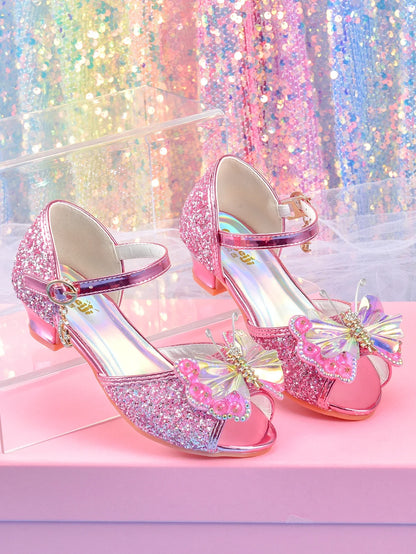 Women's girls' fashionable crystal bow high heels, student princess shoes