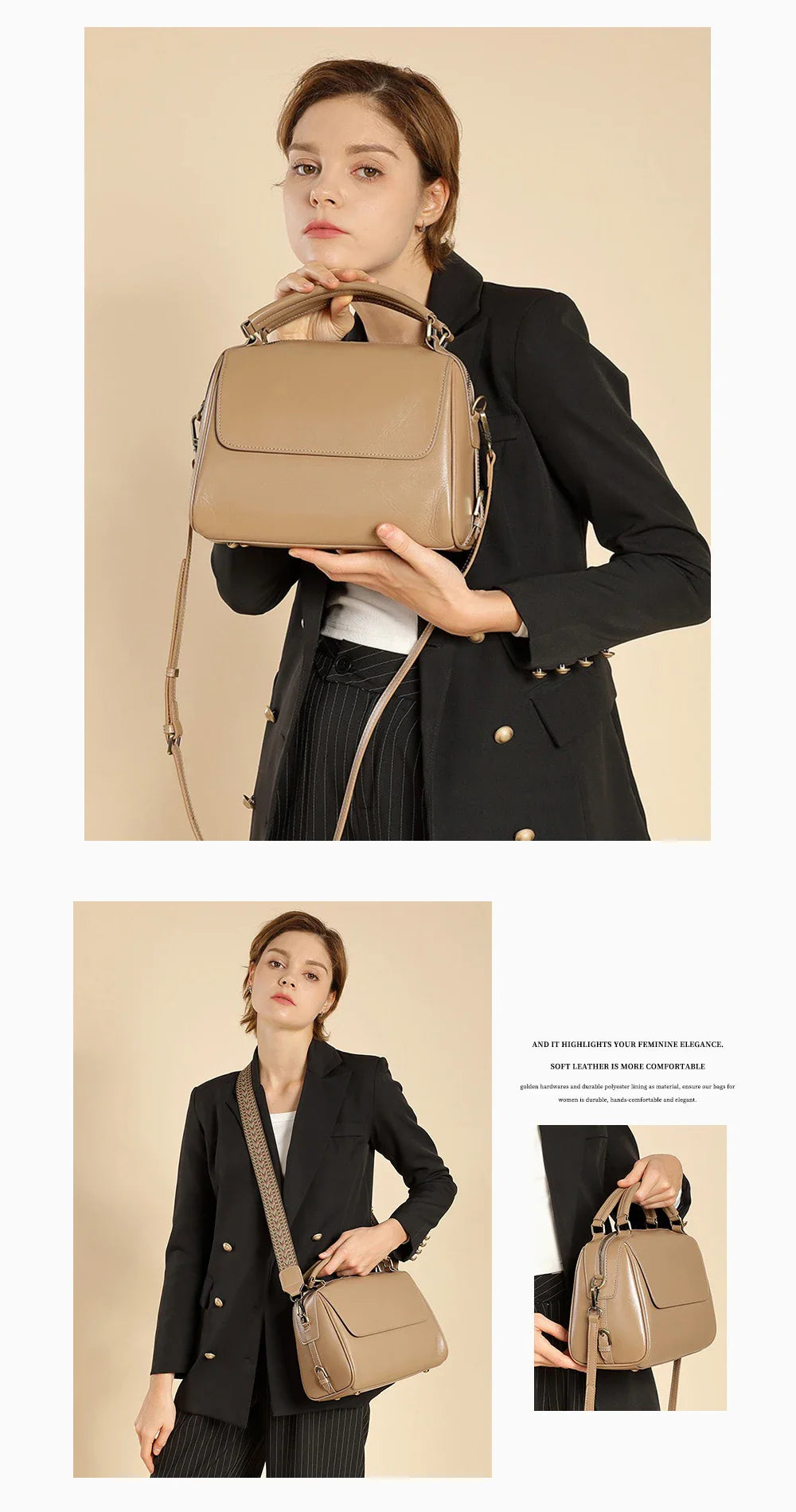 Genuine Leather Women's Handbag Cowhide Shoulder Bag Large Capacity Boston Crossbody Satchel For Fashion Bolsa Two Straps