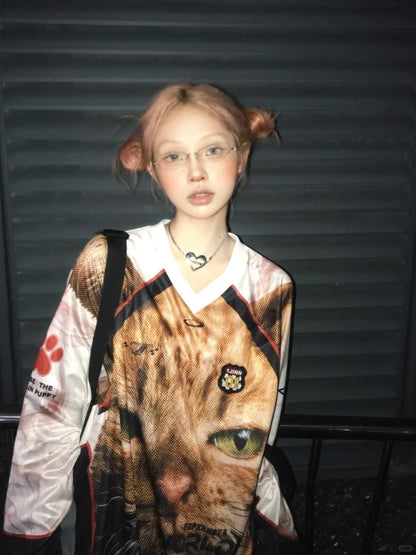 Japanese Y2k Kitten Print Jersey T-shirt Vintage Harajuku V-neck Long Sleeve Cat Tops American Retro Streetwear 2000s
