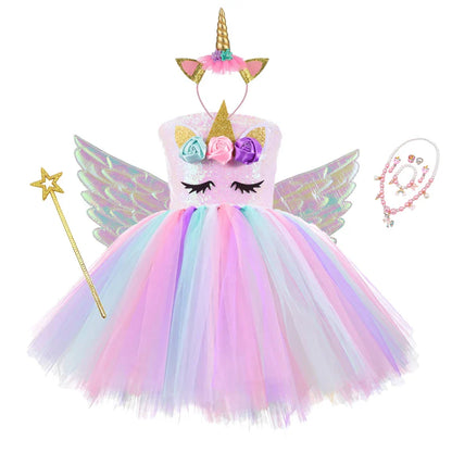 Vestidos de Unicórnio Princesa para Meninas, Trajes Tutu, Flores em Tons Pastel, Vestidos de Aniversário para Bebês, Tule, Fantasias Infantis para Halloween e Cosplay