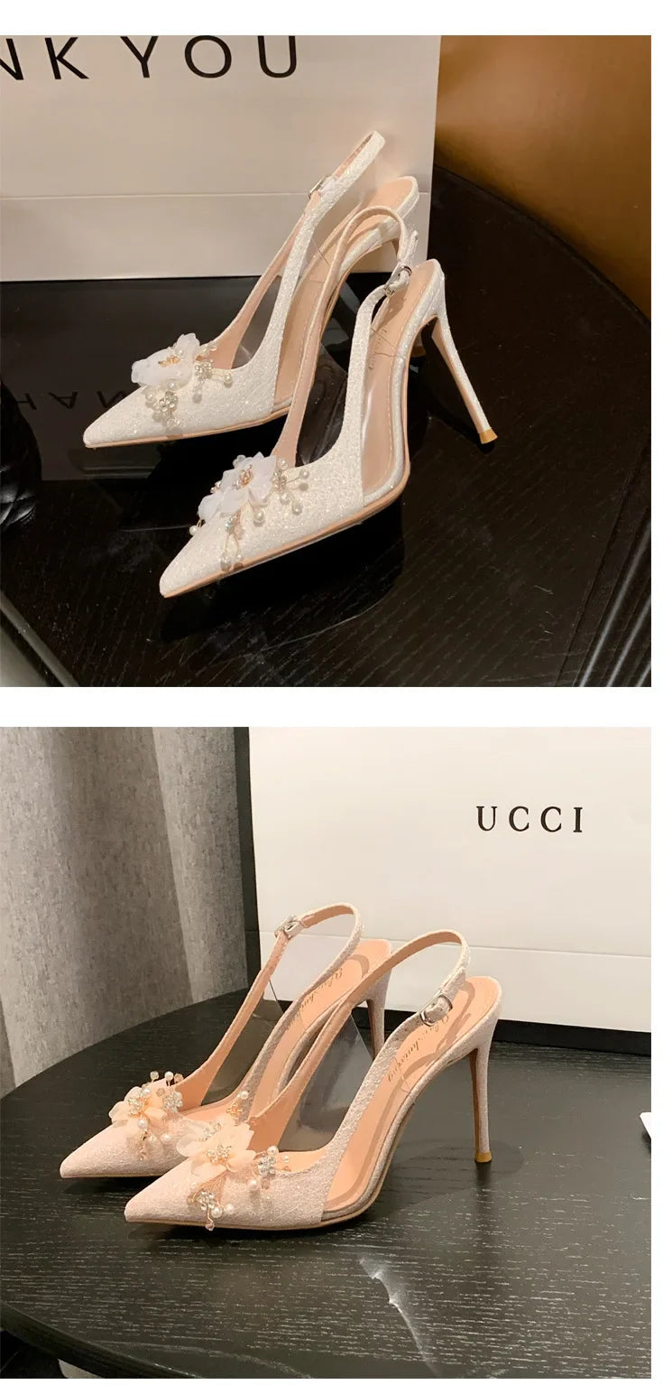 French Flower Wedding Shoes Women's Thin Heel Pointed Head High Heel Fashion Bag Head Summer Women's Sandals