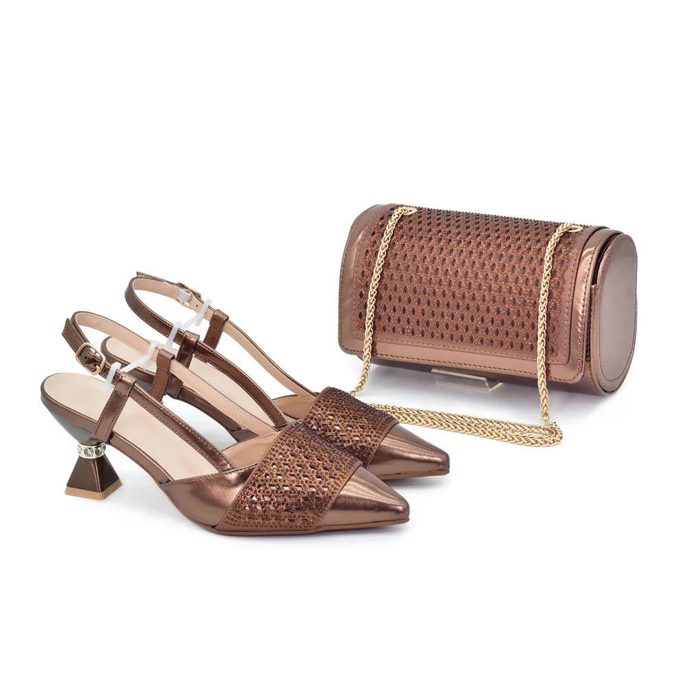 Fashion Women Italian Shoes and Matching Bags Sets Decorated with Rhinestone Fashion Party Shoes and Bag Match for Women