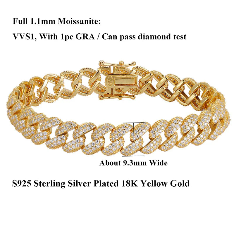 Full 1.1mm D Color Moissanite Cuban Bracelet For Man Women 925 Silver Pass Diamond Test 9.3mm Wide Link Chain Bracelets