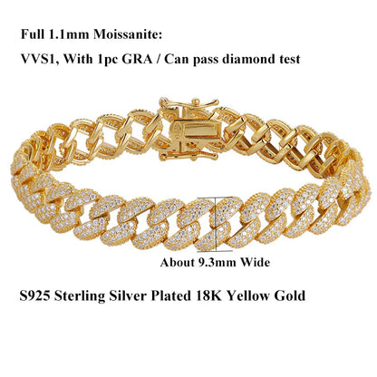 Full 1.1mm D Color Moissanite Cuban Bracelet For Man Women 925 Silver Pass Diamond Test 9.3mm Wide Link Chain Bracelets