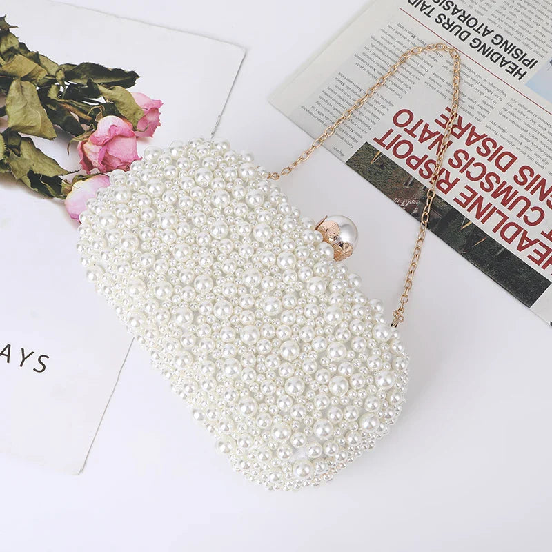Fashion Elegant Women White Beige Luxury Special Crystals Beaded Pearl Evening Clutch Bags Wedding Party Handbag Beaded