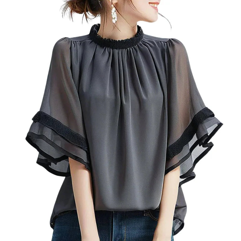 Fashion Summer Shirt O Neck Short Flare Sleeve Work Tops Tunic Loose Chemise Mujer