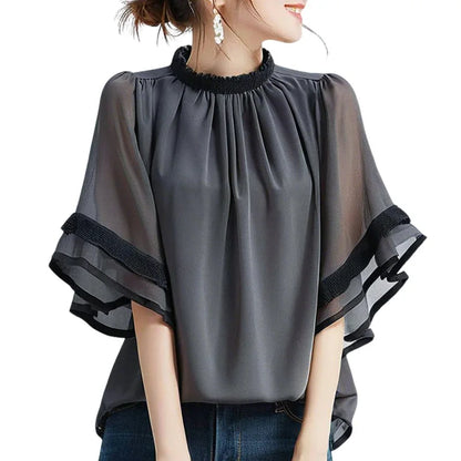 Fashion Summer Shirt O Neck Short Flare Sleeve Work Tops Tunic Loose Chemise Mujer