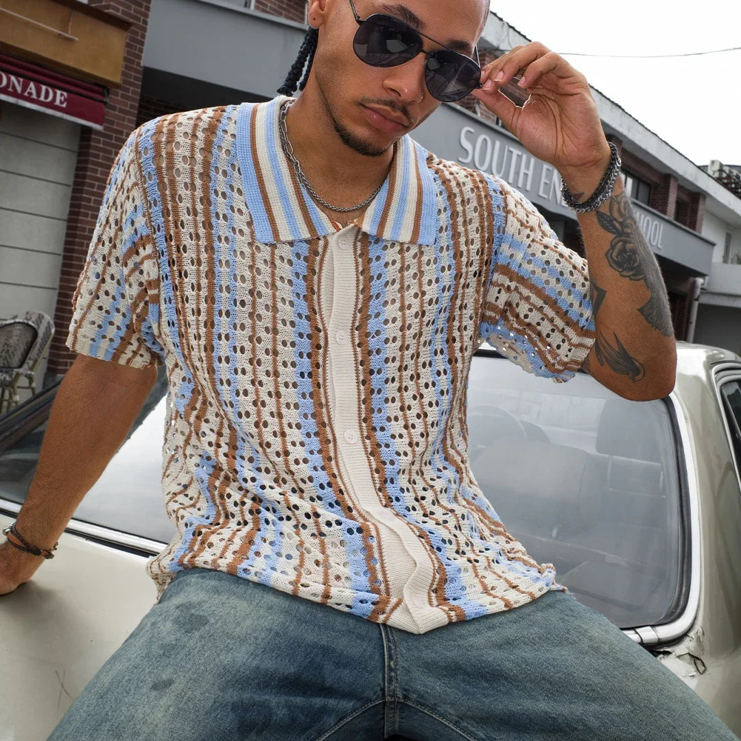 Men's Short Sleeve Summer Fashion Retro Knit Lapel Top Solid Color Soft Breathable Light Polo Knitwear Men US Size