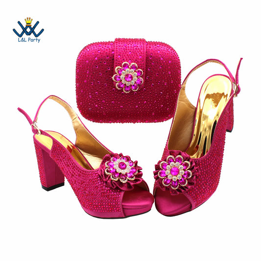 Special Design Women Crystal Style African Ladies Party Shoes Matching Bag in Magenta Color