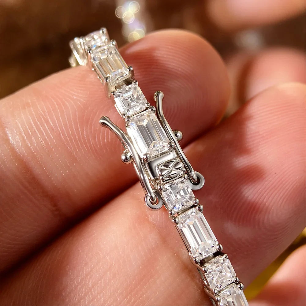 KNOBSPIN Emerald/Ascher Cut Moissanite Tennis Bracelet s925 Sterling Silver Plated White Gold with GRA Bracelets for Women Man