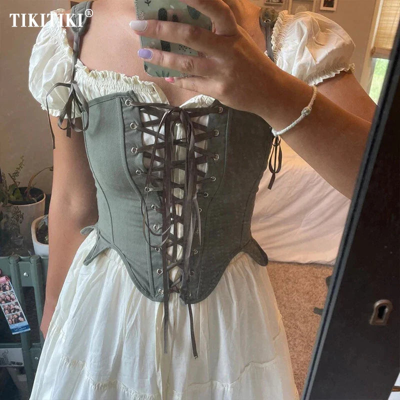 Women's Retro Lace-up Corset Crop Top Sleeveless Spaghetti Straps Bustiers Corsets Medieval Slim Tight Cami Tops Club Outwear