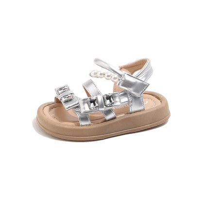 Girls' rhinestone sandals 2025 Summer New children's perforated breathable princess shoes Girls' soft-soled beach shoes