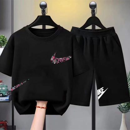 Print black white Short Sleeve Children's T-shirt Set Sports Fashion Boys Girls tops+Shorts Casual Kid new Summer Set