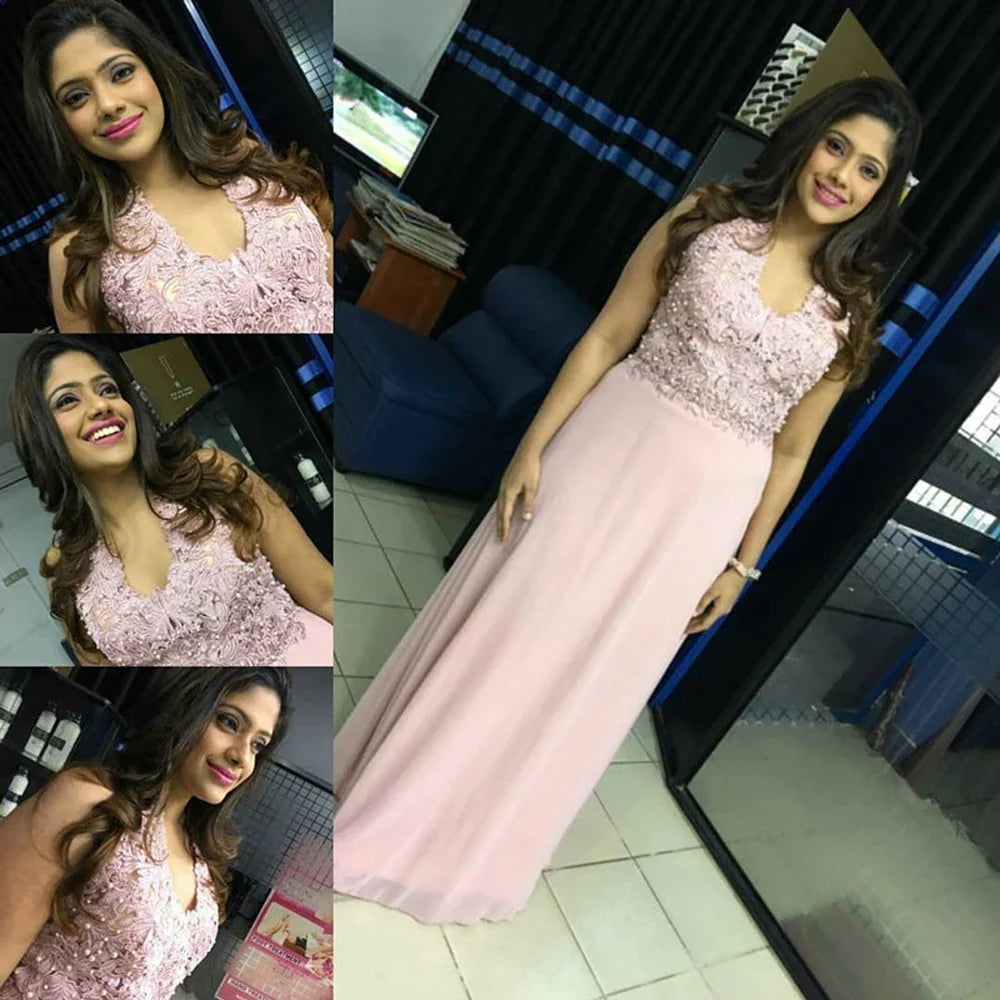 Dusty Pink Halter V-neck Lace Pearls Wedding Evening Dresses Long Dress Hollow Out Chiffon Elegant Party Dresses For Women 2024