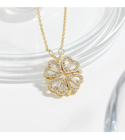 Transform Luxury Four Leaf Clover Pendant Necklace  Stainless Steel Crystal Gold Color Heart Jewelry for Women Gift