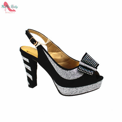 Fashion Pretty Peep Toe African Women Shoes Matching Bag Set in Silver Color Elegant Style Platform Sandals for Party