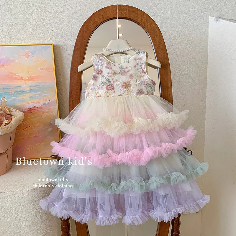 Vestido Regata para Meninas Verão 2025 Novo Vestido Elegante de Malha com Babados para Meninas Vestido Princesa Roupa Infantil de Fada