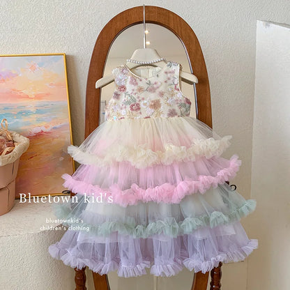 Vestido Regata para Meninas Verão 2025 Novo Vestido Elegante de Malha com Babados para Meninas Vestido Princesa Roupa Infantil de Fada