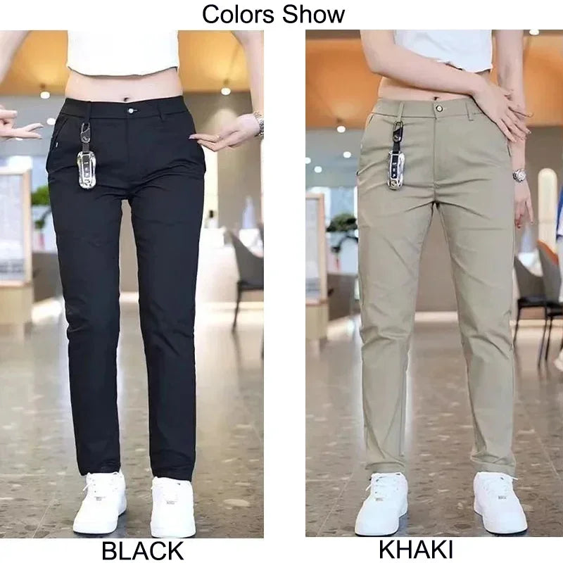 Summer Pants Ice Silk Men's Casual Simple Khaki Black Slim Straight Stretch Trousers Business Casual Male Clothing Pant