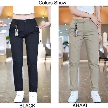 Summer Pants Ice Silk Men's Casual Simple Khaki Black Slim Straight Stretch Trousers Business Casual Male Clothing Pant