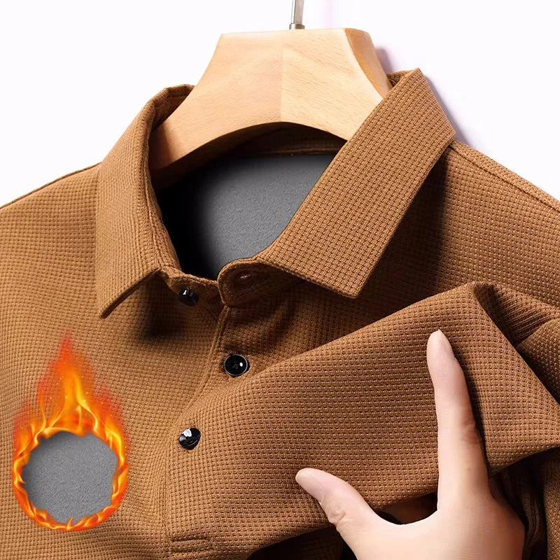 Waffle Fleece Thicken Fashion Polo Shirt Men Winter Warm Plush Business T-Shirt Tops Male Casual Button Lapel Long Sleeve Shirts