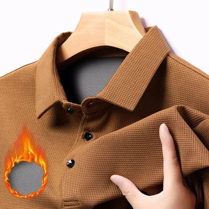Waffle Fleece Thicken Fashion Polo Shirt Men Winter Warm Plush Business T-Shirt Tops Male Casual Button Lapel Long Sleeve Shirts