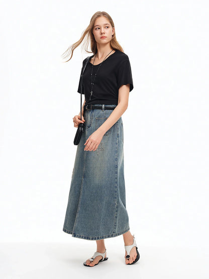2026 Summer Women‘s Starfish Embroidered Denim Midi Skirt, Vintage A-Line Long Skirt Office Commute Versatile Daily Style