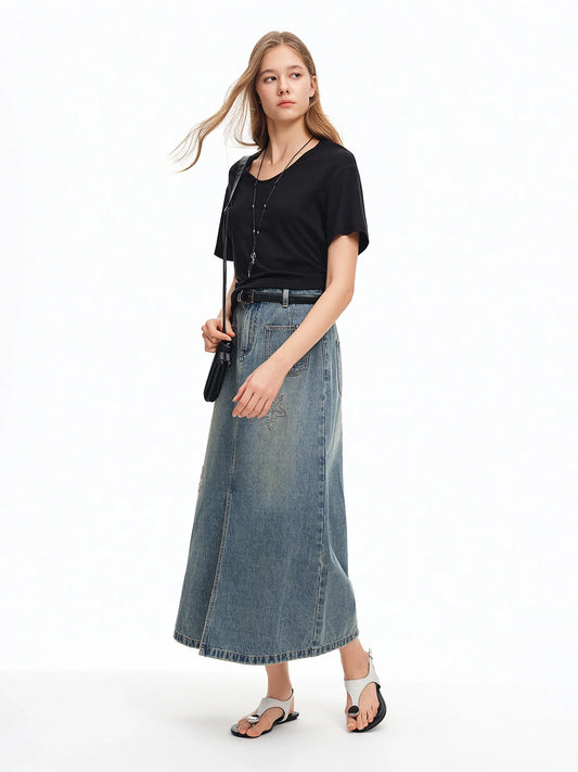 2026 Summer Women‘s Starfish Embroidered Denim Midi Skirt, Vintage A-Line Long Skirt Office Commute Versatile Daily Style