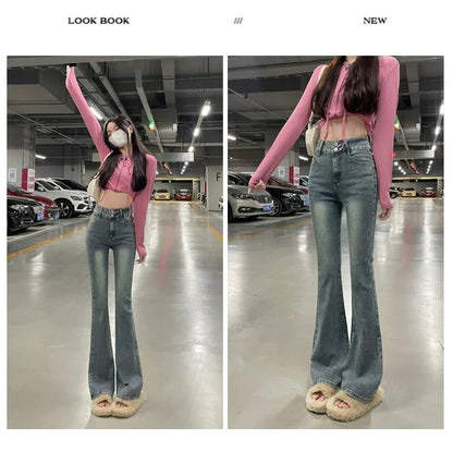 Autumn Winter American Sle High Waist Slim Fit Drapey Micro Flared Jeans Women's Premium Denim Pants