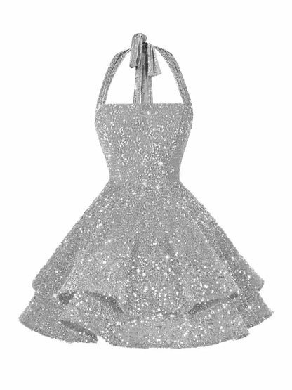Sequin Short Homecoming Dress for Teens Short Prom Dresses Halter Neck Sparkly Tiered Cocktail Party Gowns
