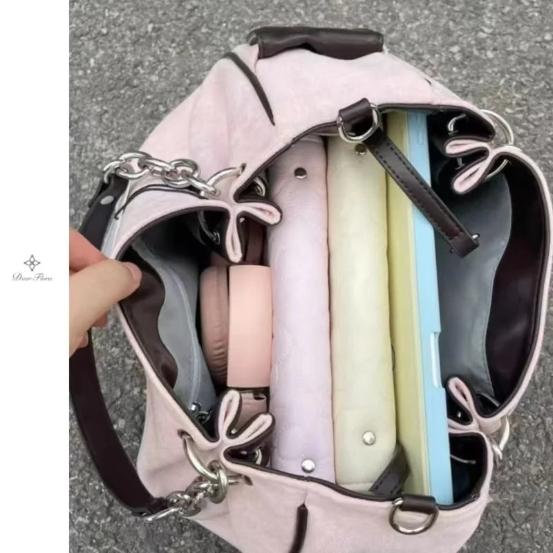 Bolsa Tote Feminina Rosa Vintage Y2K Gótica Estética Grande Capacidade Bordado Letra Retrô Corrente Grunge Viagem Ombro