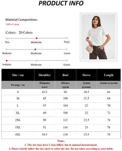 Summer 100% Cotton Women's T-shirt Bottoming Basic Fashionable Lady Short Sleeve Loose Tops Shirts Solid 230g/㎡ Tops