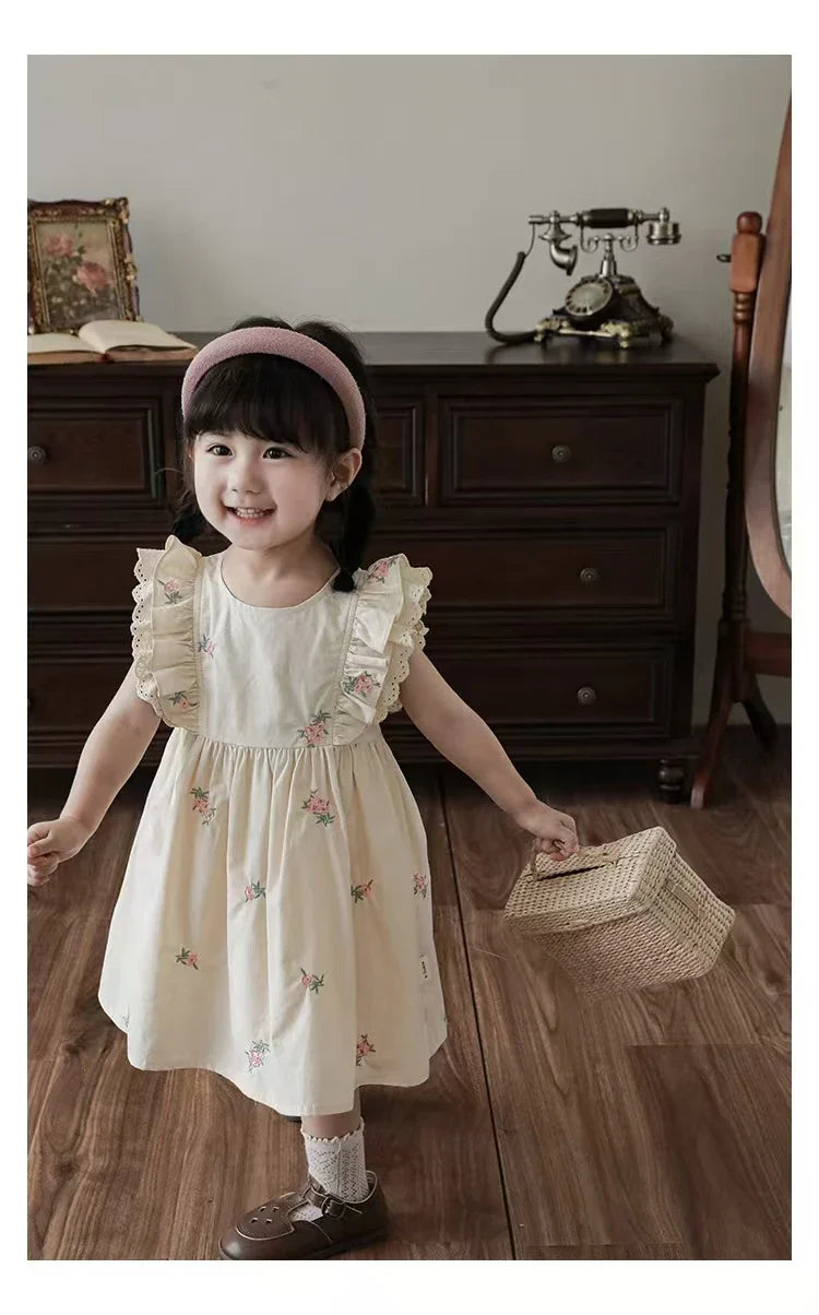 Summer Girls Dress Children's Clothing Bow Embroidered Flower Collar Girl's Dress Cartoon Printed Flying Sleeves Princess Dress