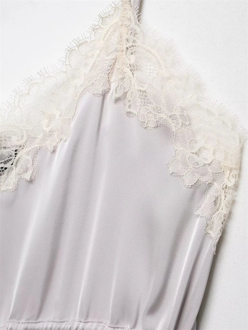 Women's Top 2026 New Spring Summer Lace Decoration Satin Textured Top for Women Chic Personality Female Spaghetti Strap Top