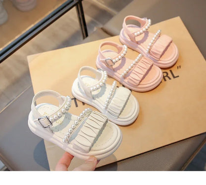 Girls Sandals Pleated Ins Trendy Kids Princess Shoes Beads Sweet Soft Sole 2025 Summer New Children Beach Shoes Open Toes Cute