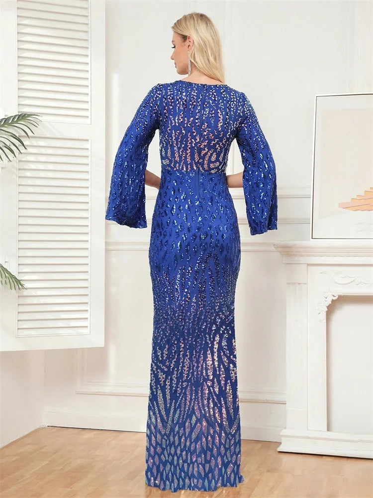 Luxury Blue Slit Long Sleeve Evening Dresses Women elegant 2025 Mermaid Formal Sequins Prom Wedding Party Cocktail Gowns